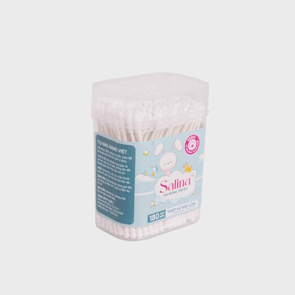 Tăm bông trẻ em Salina thân giấy, đầu lõm thông minh chuyên dụng hộp 180 que SBD012GT