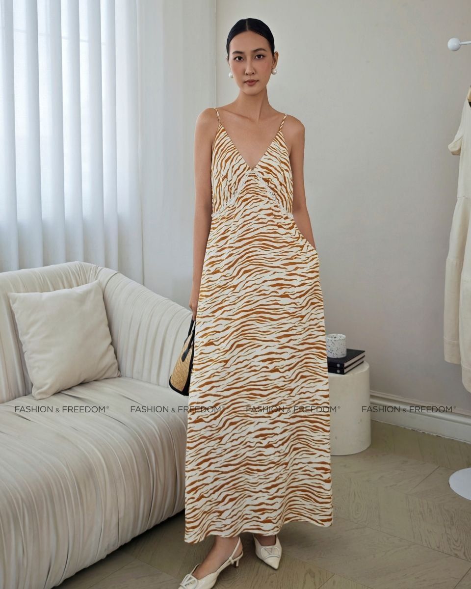 Đầm Linen Nữ Kem Nâu