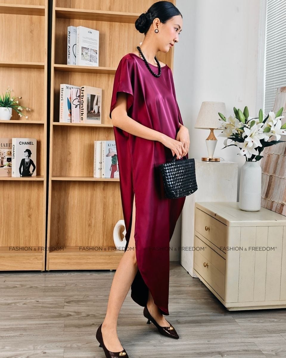 Đầm Lụa Trơn Đỏ Rượu