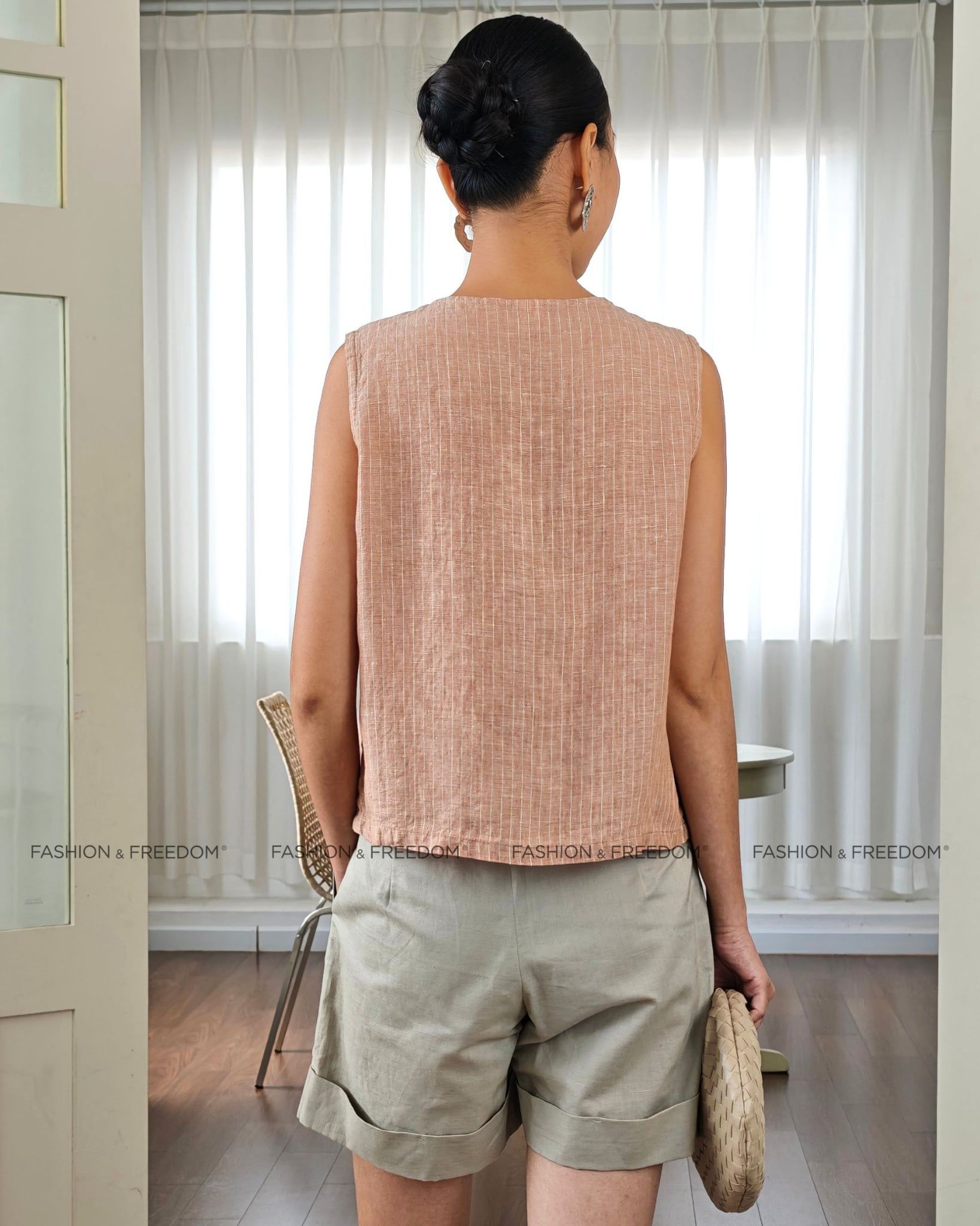 Áo Kiểu Linen Nữ Nâu Sọc