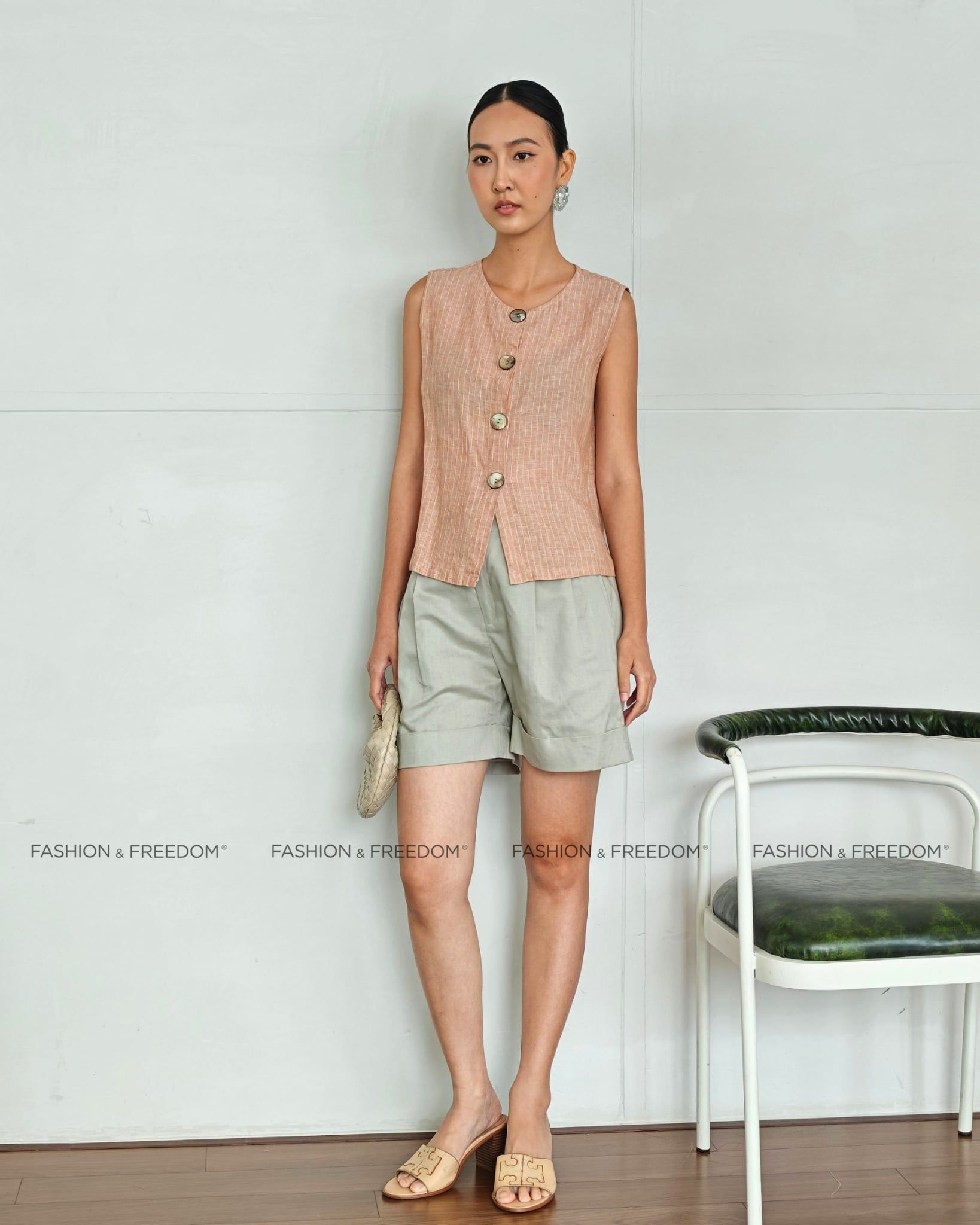 Áo Kiểu Linen Nữ Nâu Sọc