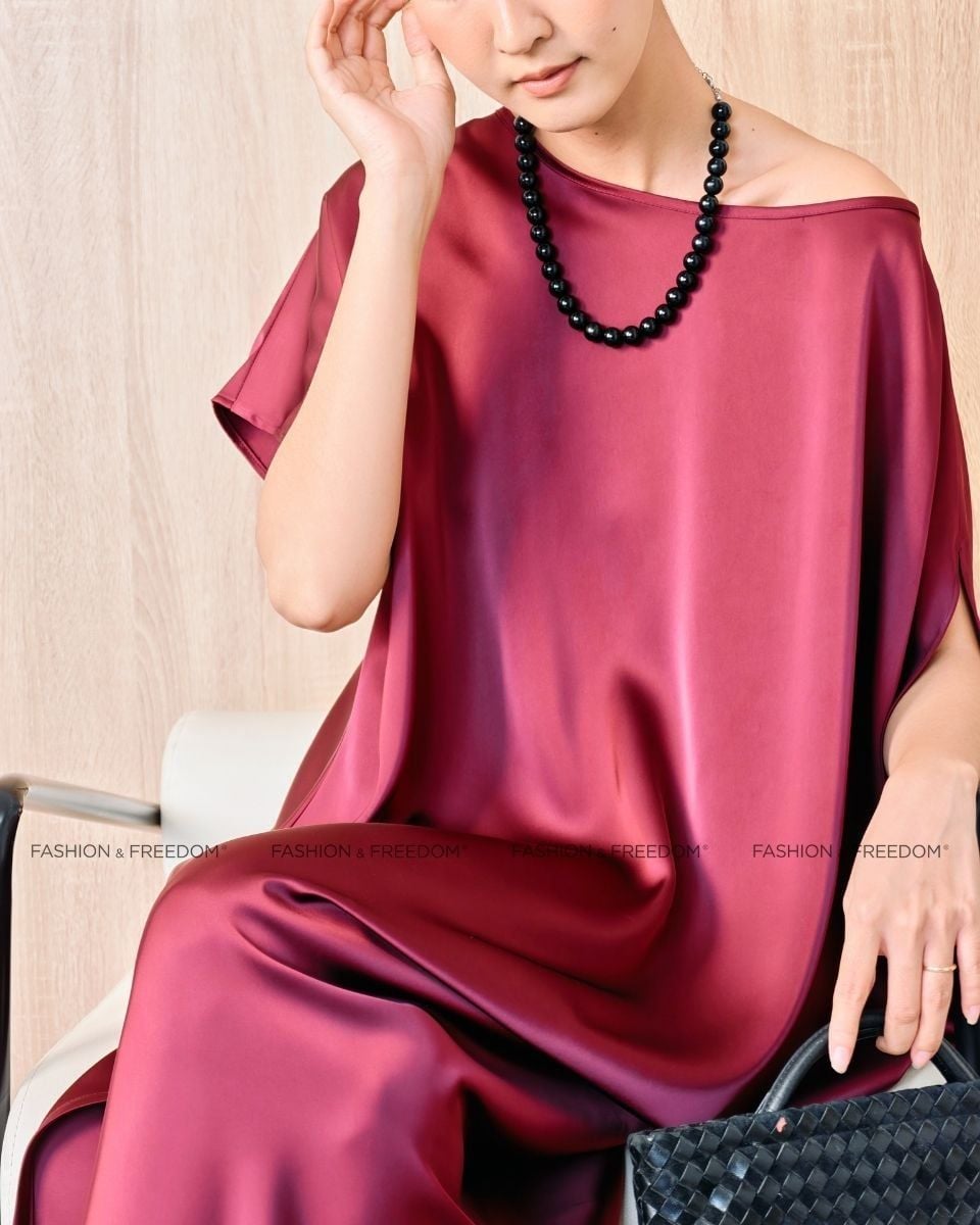Đầm Lụa Trơn Đỏ Rượu