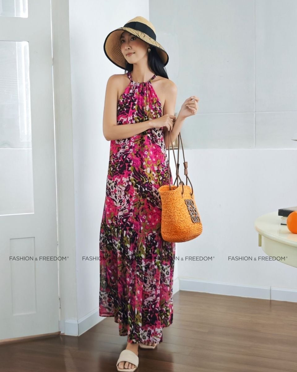 Đầm Voan Tím Hồng Họa Tiết