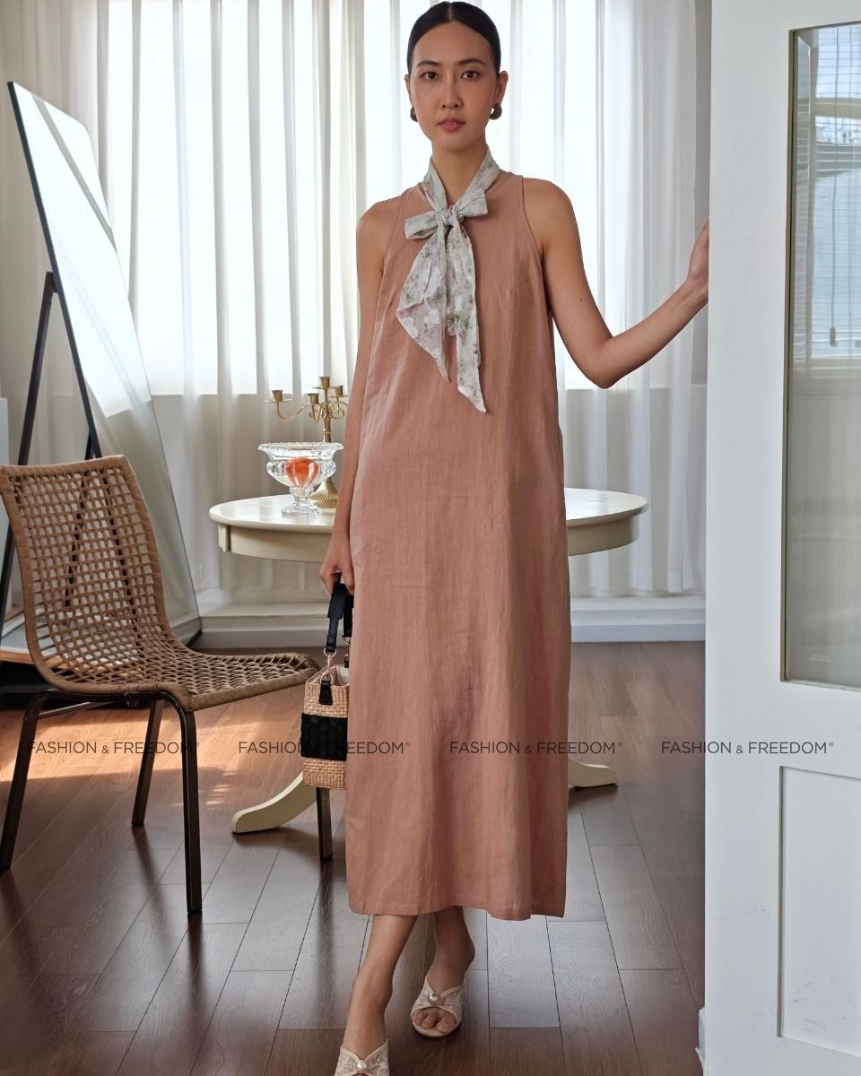 Đầm Linen Cam Ruốc Chocolate Fall In Love