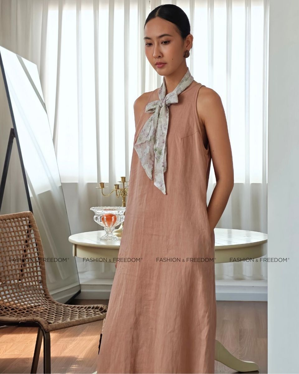 Đầm Linen Cam Ruốc Chocolate Fall In Love
