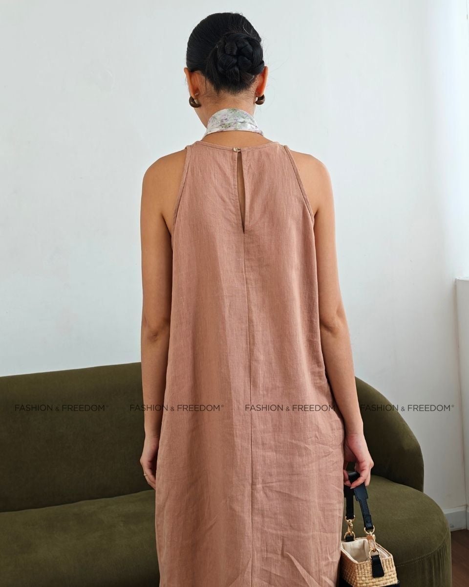 Đầm Linen Cam Ruốc Chocolate Fall In Love