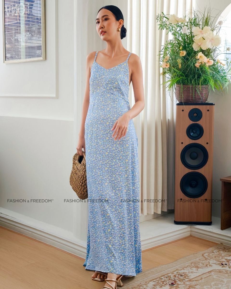Đầm Lụa Nữ Xanh Họa Tiết