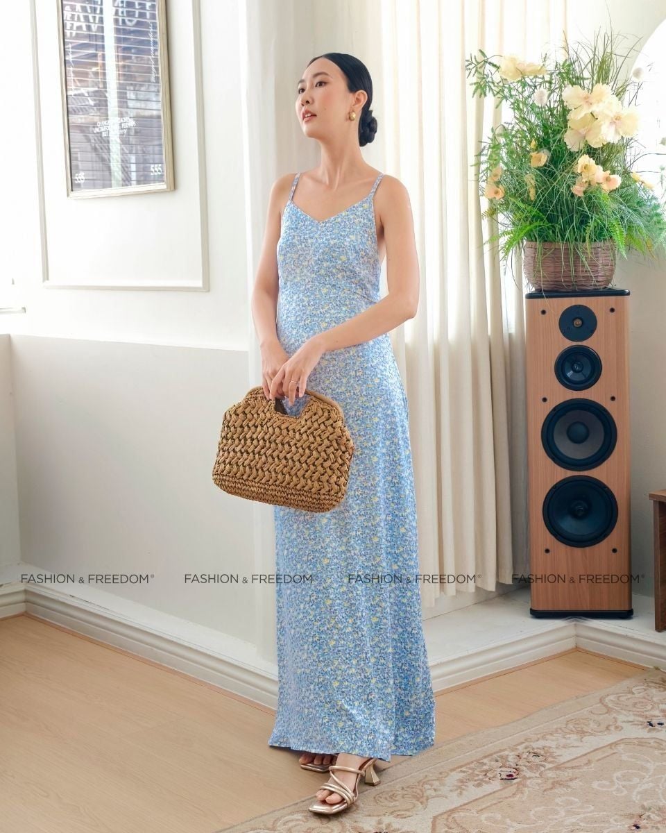 Đầm Lụa Nữ Xanh Họa Tiết