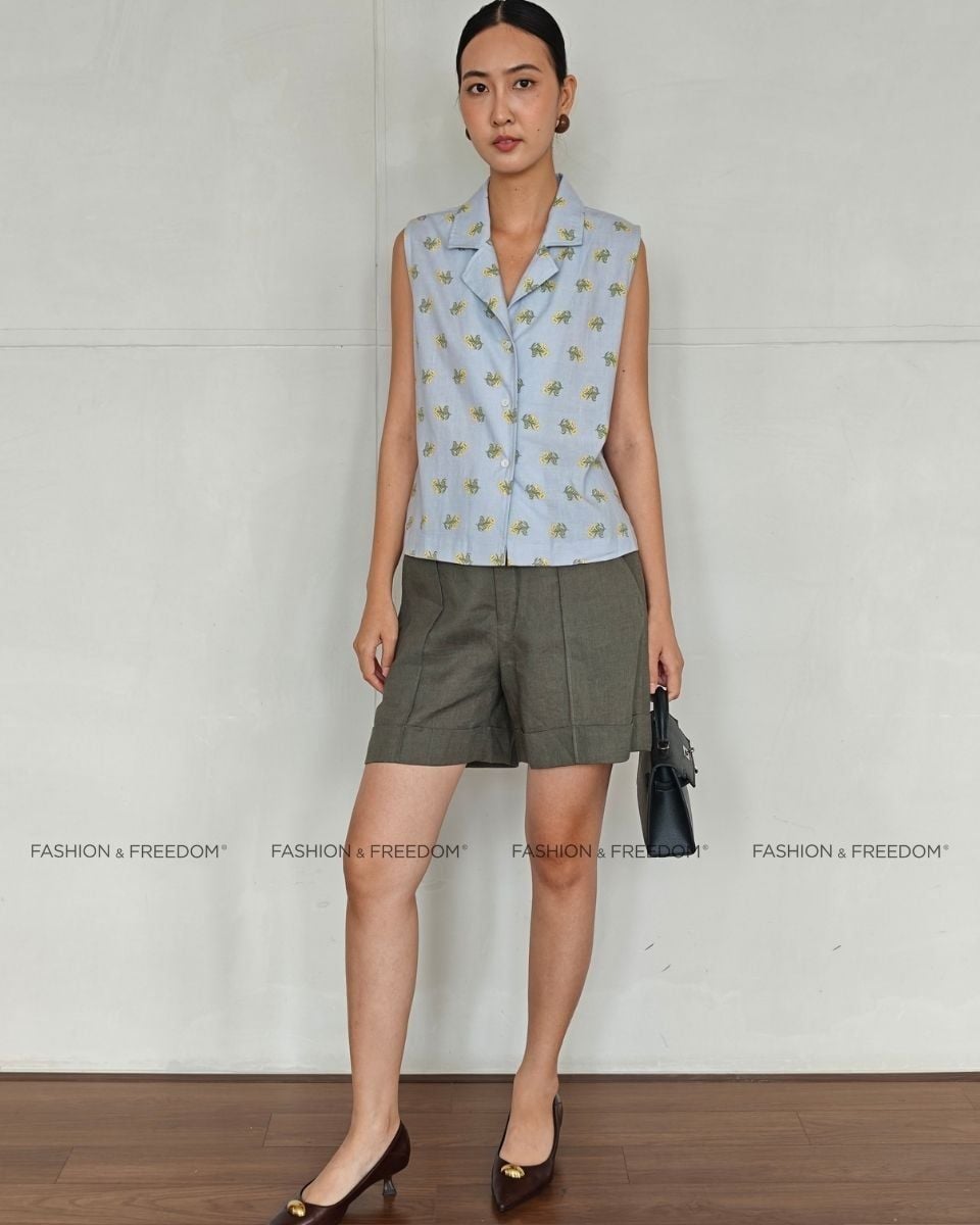 Áo Kiểu Linen Nữ Xanh Hoa Vàng