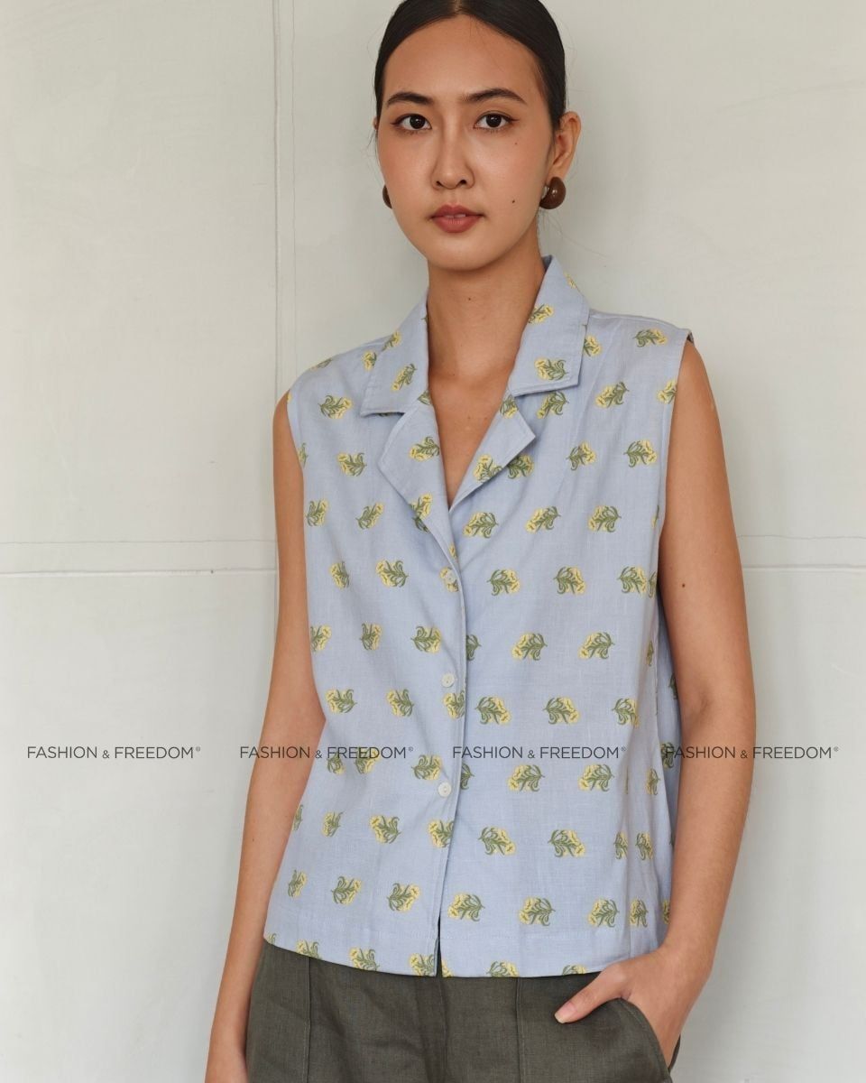 Áo Kiểu Linen Nữ Xanh Hoa Vàng