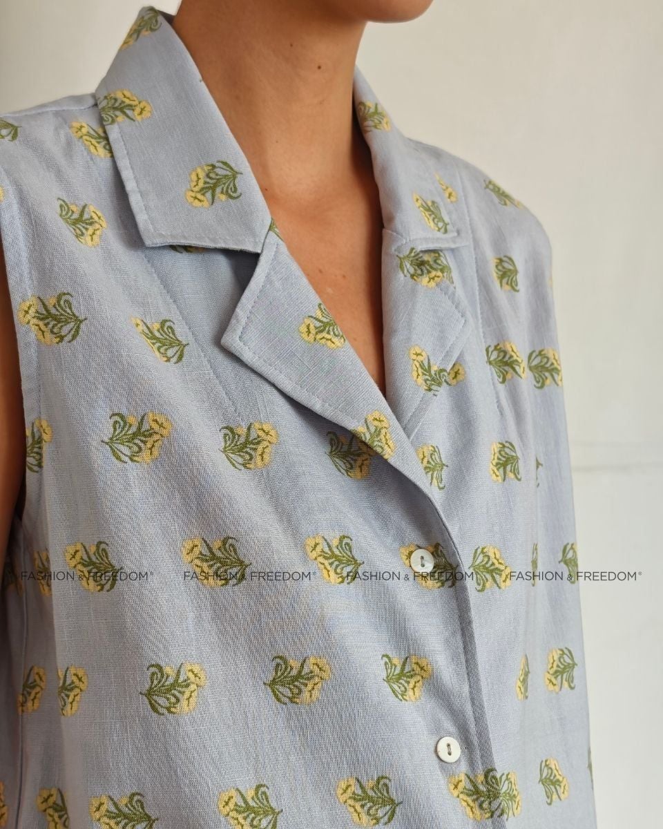 Áo Kiểu Linen Nữ Xanh Hoa Vàng