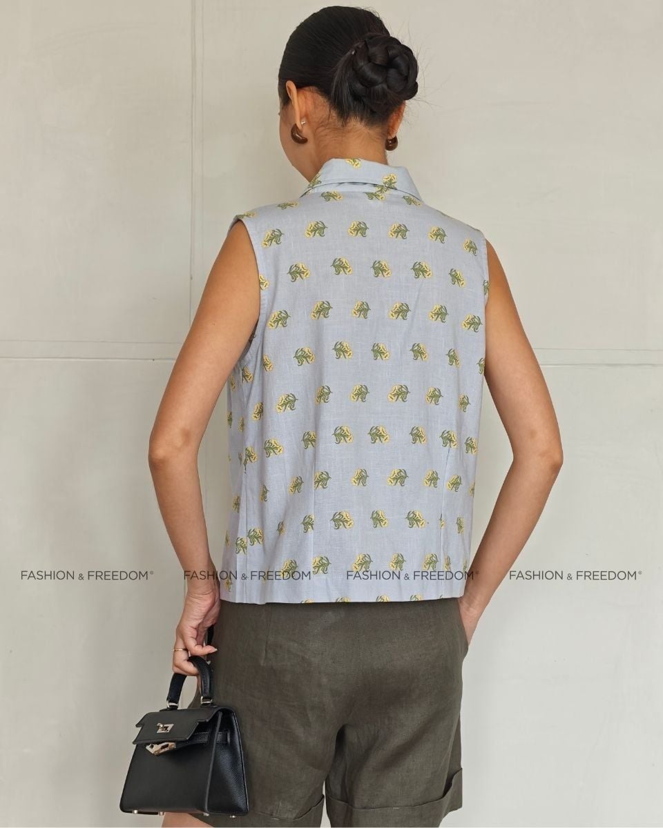 Áo Kiểu Linen Nữ Xanh Hoa Vàng