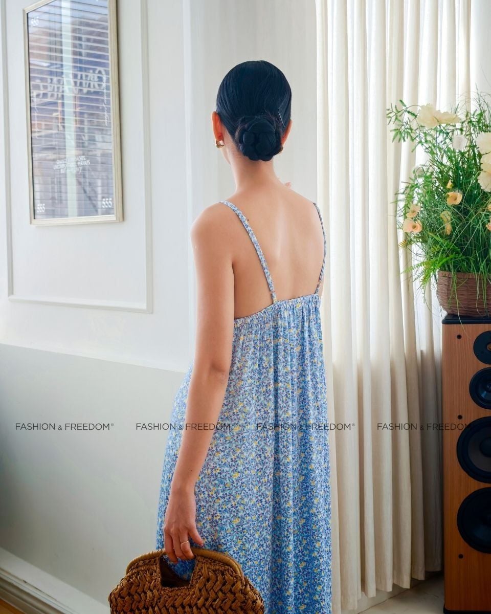 Đầm Lụa Nữ Xanh Họa Tiết
