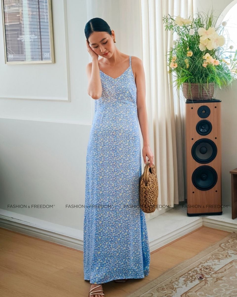 Đầm Lụa Nữ Xanh Họa Tiết