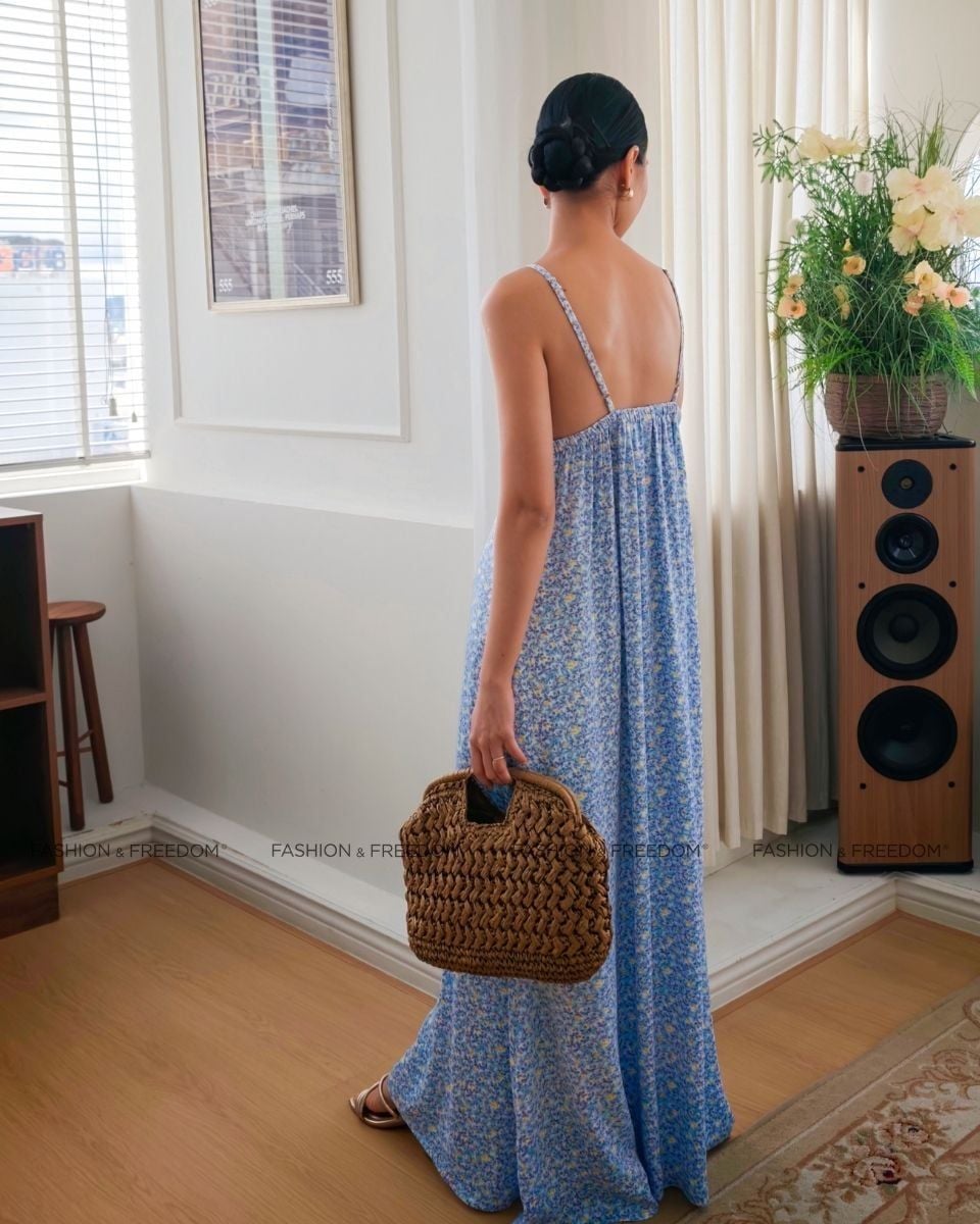 Đầm Lụa Nữ Xanh Họa Tiết