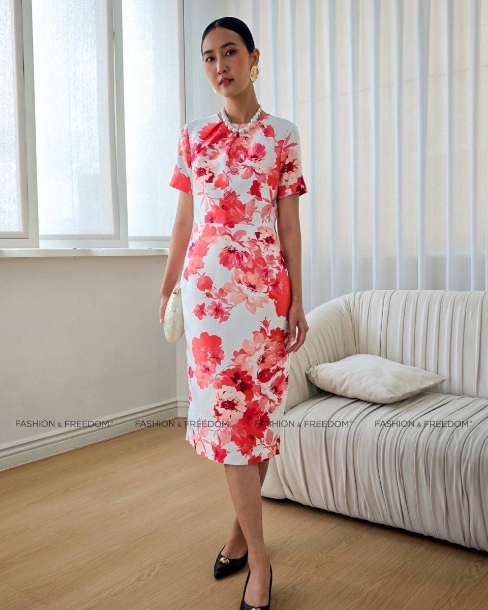 ĐẦM GẤM TRẮNG HOA ĐỎ