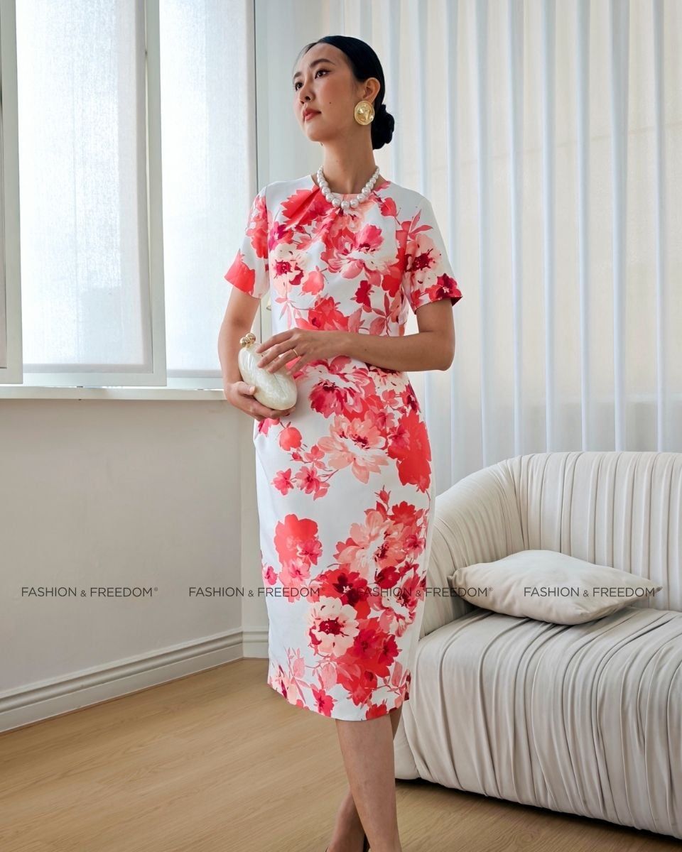 ĐẦM GẤM TRẮNG HOA ĐỎ