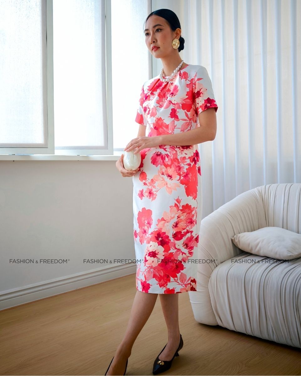 ĐẦM GẤM TRẮNG HOA ĐỎ