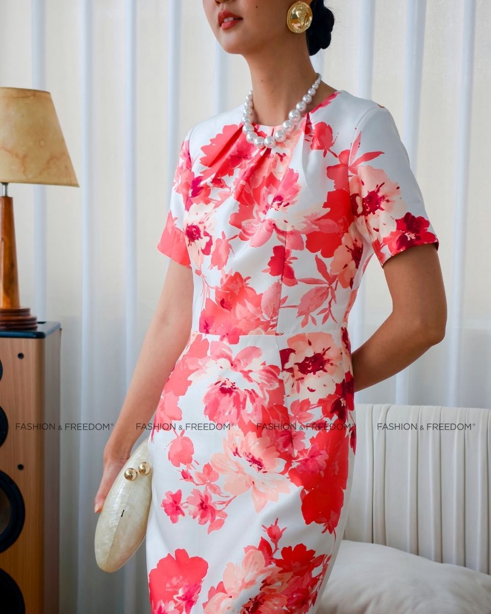 ĐẦM GẤM TRẮNG HOA ĐỎ