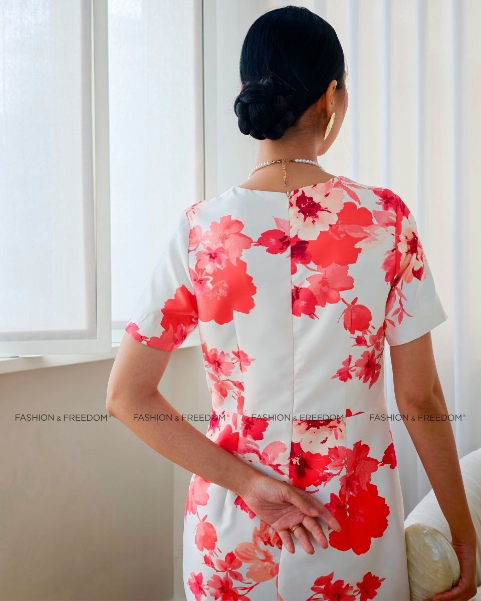 ĐẦM GẤM TRẮNG HOA ĐỎ