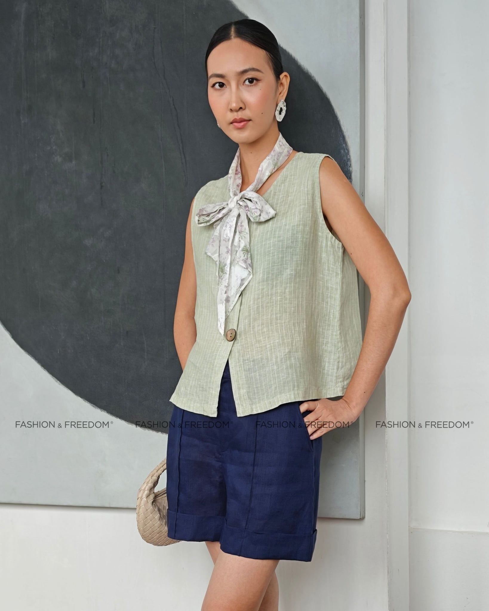 Áo Kiểu Linen Nữ Xanh Sọc