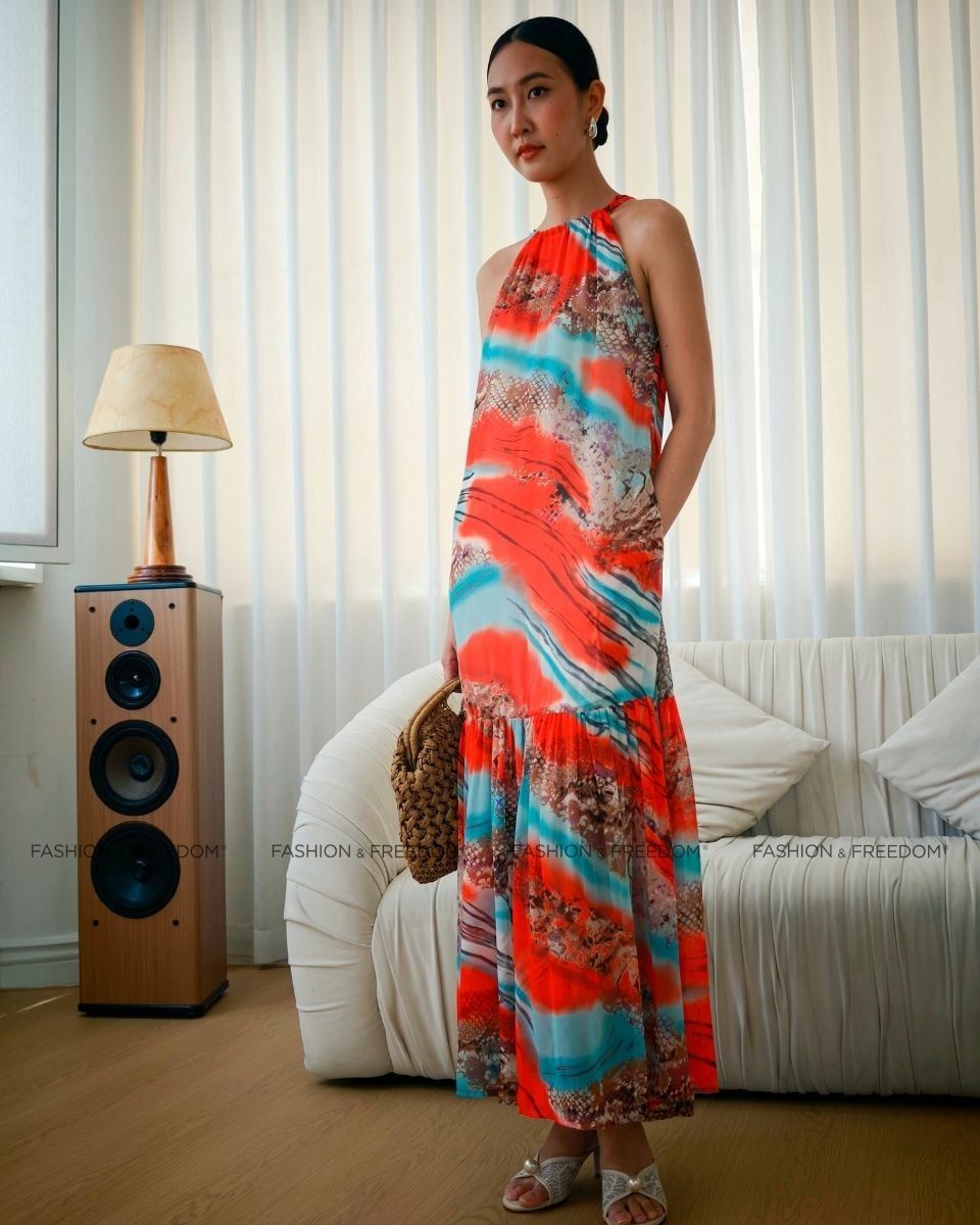 Đầm Voan Cam Họa Tiết