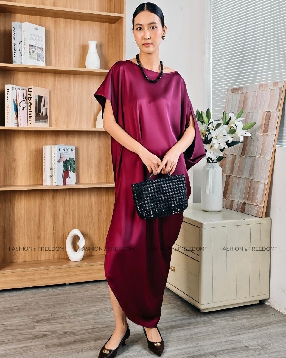 Đầm Lụa Trơn Đỏ Rượu