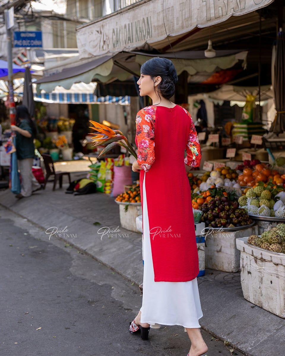 Áo Dài Linen Đỏ Tay Phối Đỏ