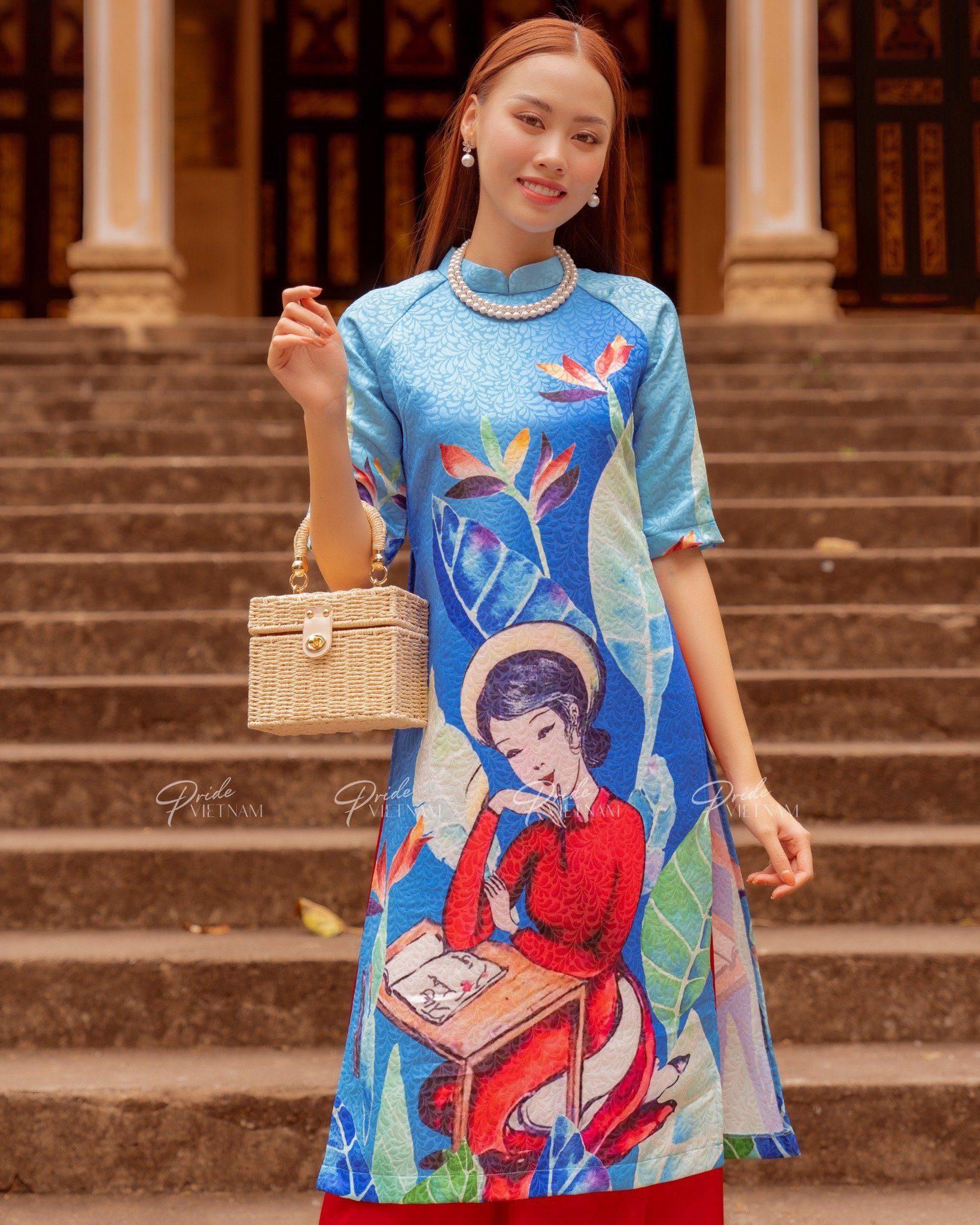 Áo Dài Gấm Xanh Dương Hương Xuân