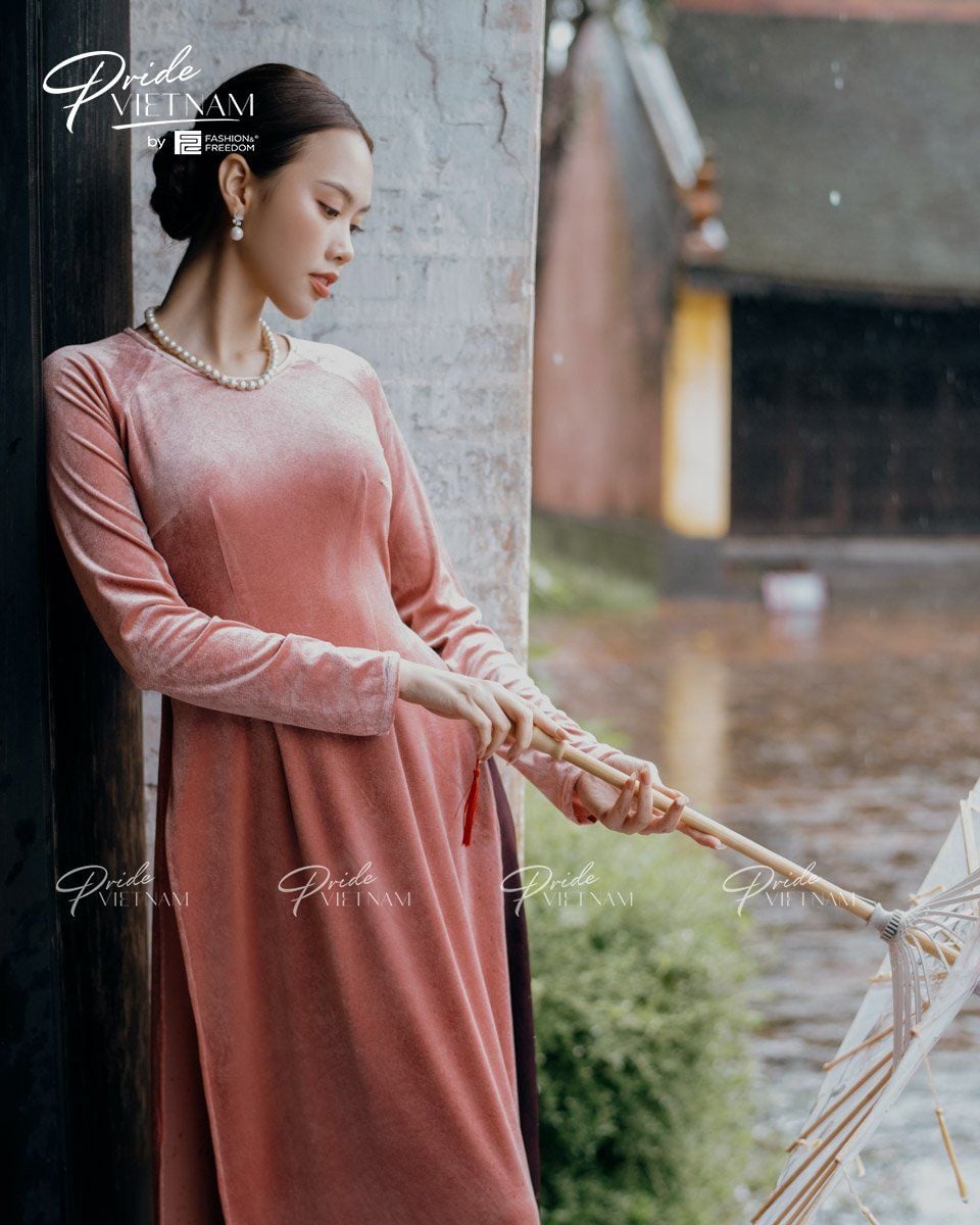 Áo Dài Nữ Nhung Hồng San Hô Pride Việt Nam