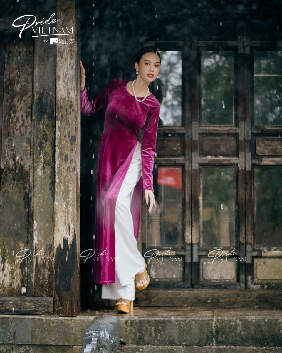 Áo Dài Nữ Nhung Hồng Tím Pride Việt Nam