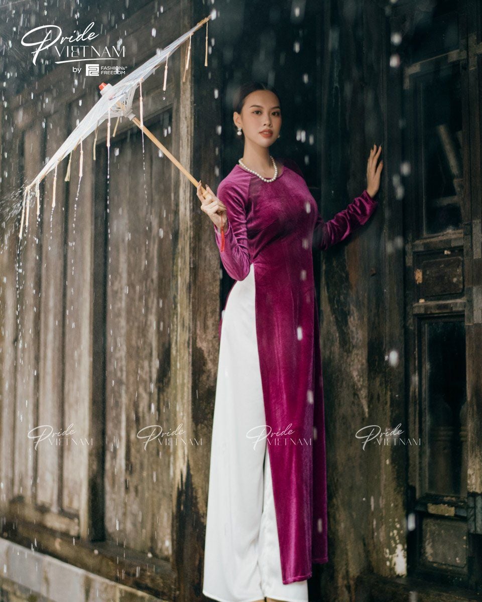 Áo Dài Nữ Nhung Hồng Tím Pride Việt Nam