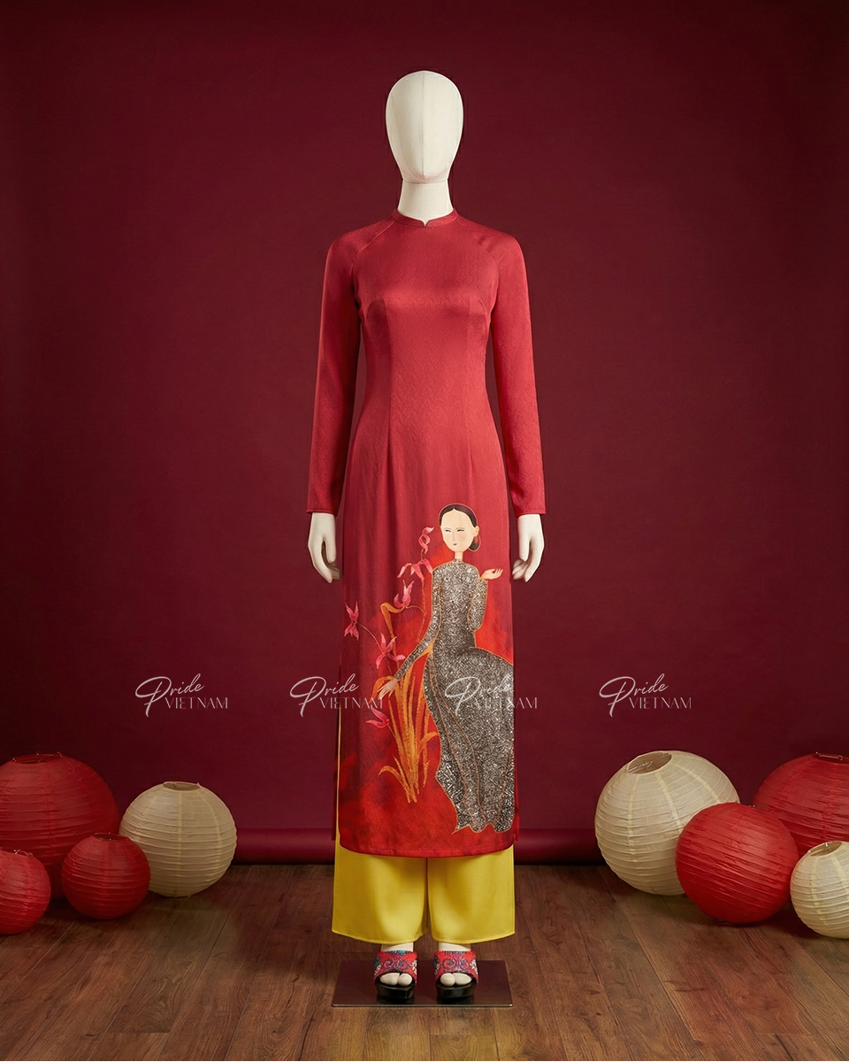 Áo Dài Lụa Đỏ Gems Of Vietnam