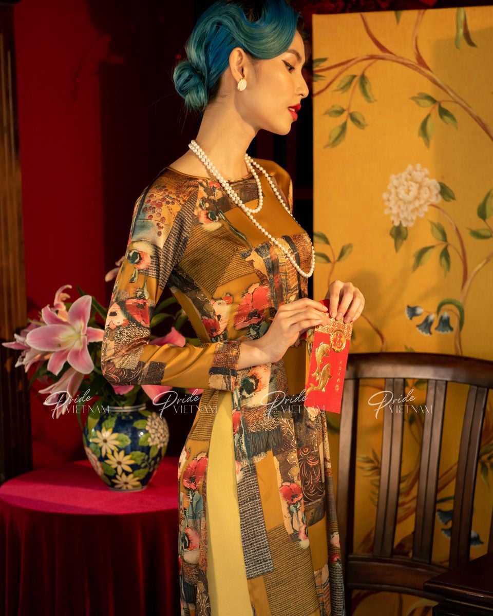 Áo Dài Lụa Nâu Vàng Hòn Ngọc Viễn Đông