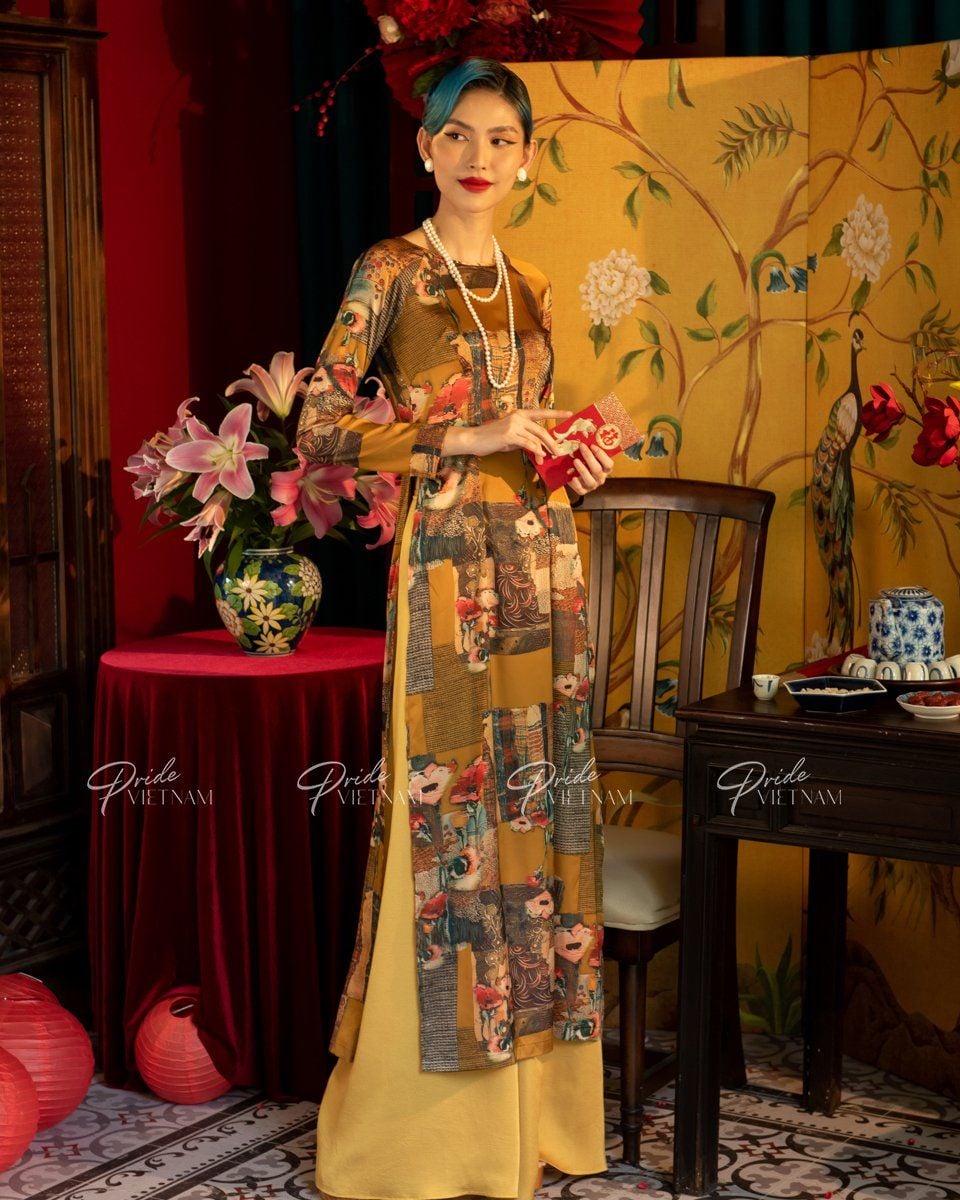 Áo Dài Lụa Nâu Vàng Hòn Ngọc Viễn Đông