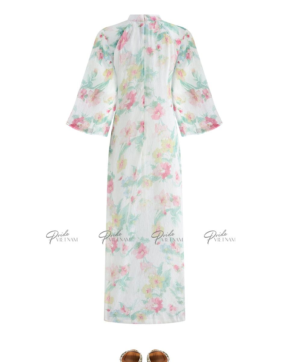 Áo Dài Voan Nữ Trắng Hoa Xanh Hồng