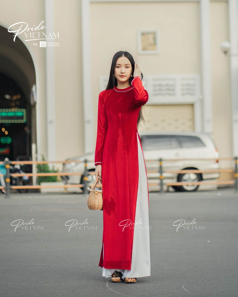Áo Dài Nữ Nhung Đỏ Đính Đá Pride Việt Nam