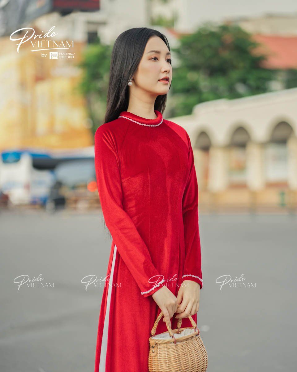 Áo Dài Nữ Nhung Đỏ Đính Đá Pride Việt Nam