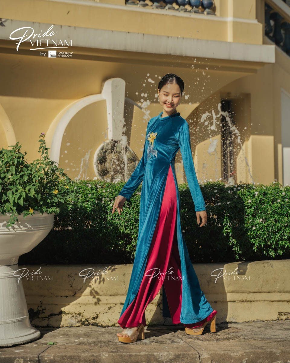 Áo Dài Nữ Nhung Xanh Cổ Vịt