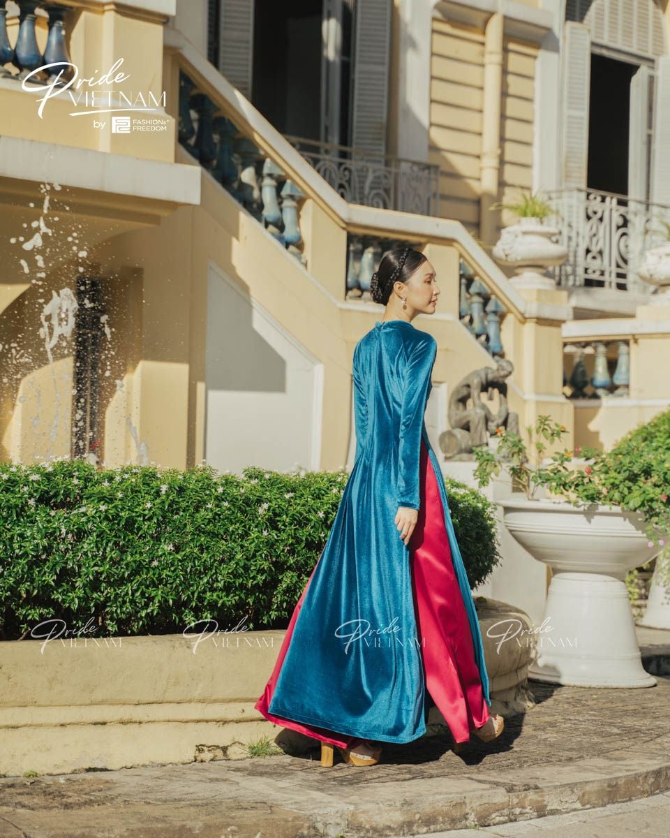 Áo Dài Nữ Nhung Xanh Cổ Vịt