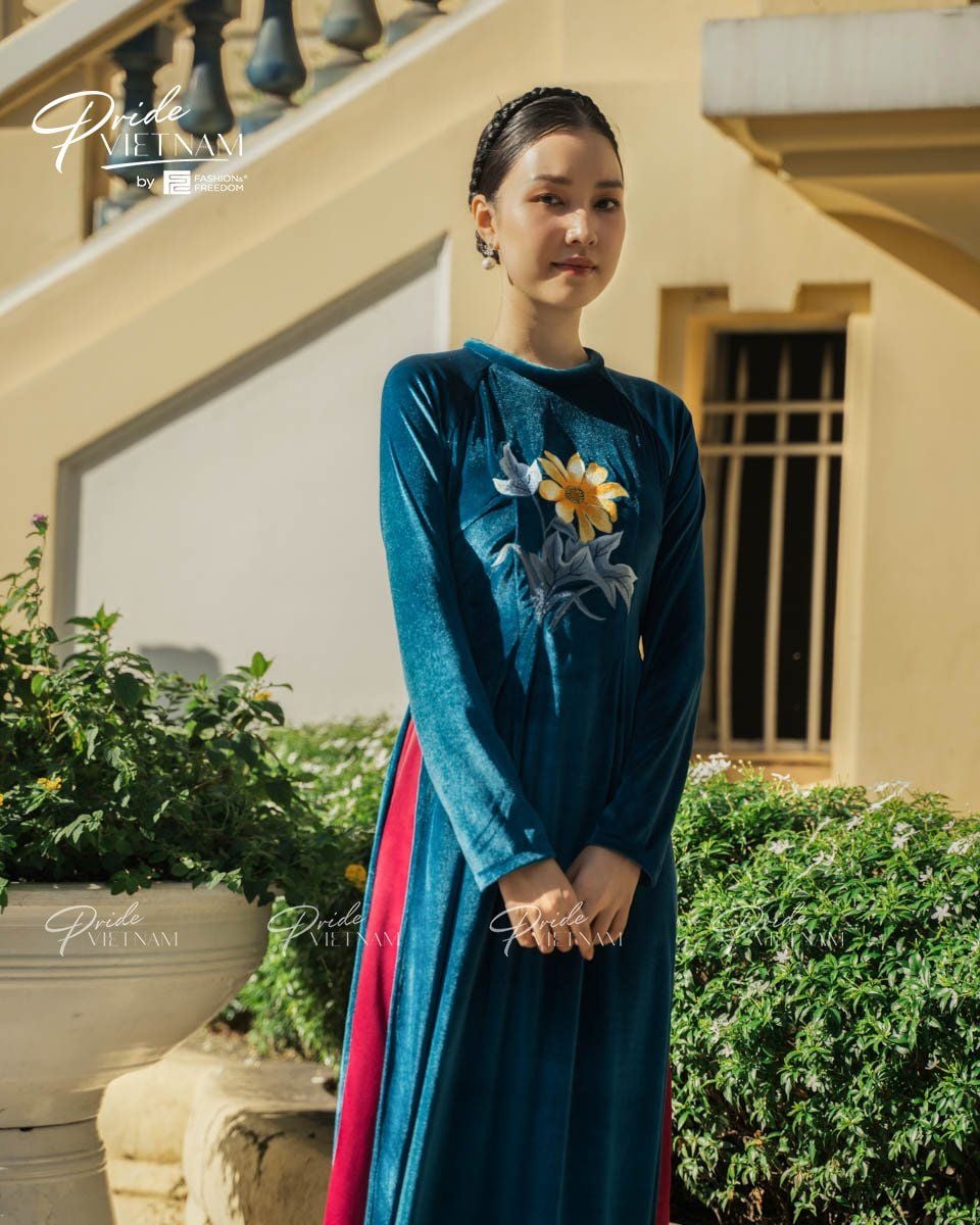 Áo Dài Nữ Nhung Xanh Cổ Vịt