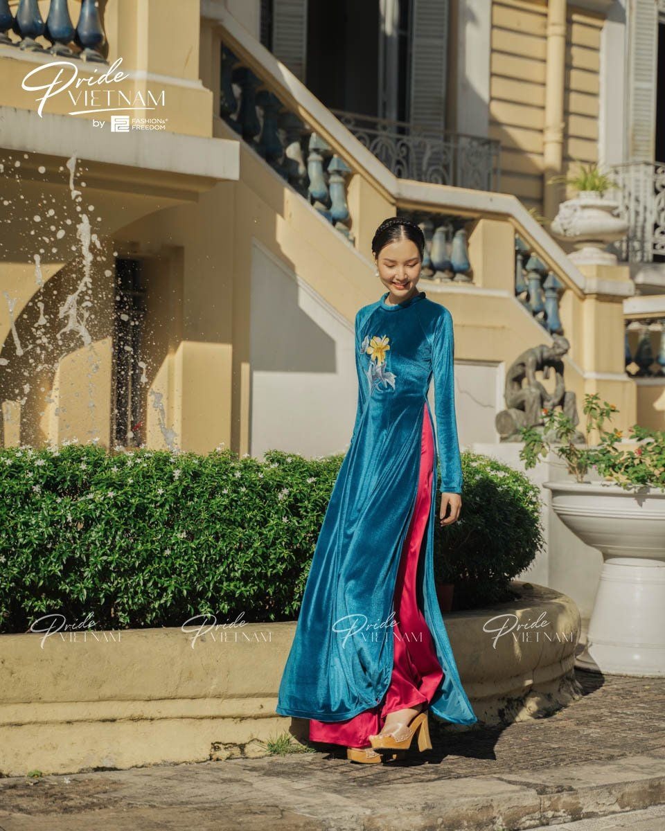 Áo Dài Nữ Nhung Xanh Cổ Vịt