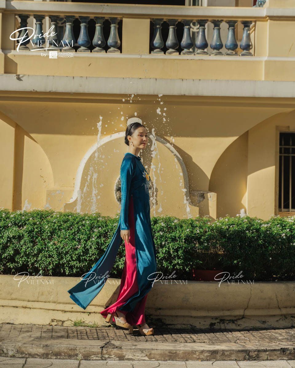 Áo Dài Nữ Nhung Xanh Cổ Vịt