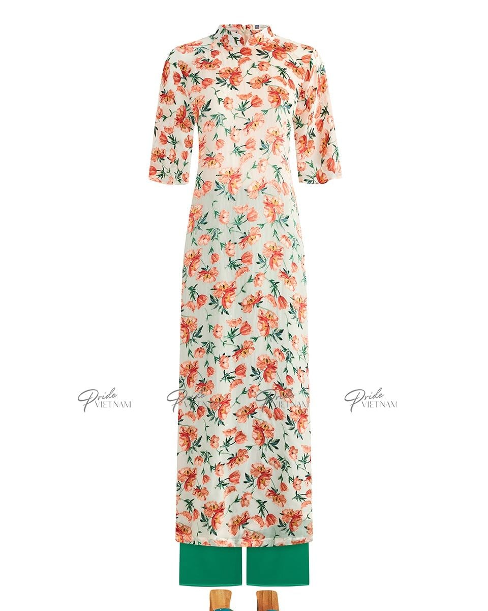 Áo Dài Voan Nữ Kem Hoa Cam