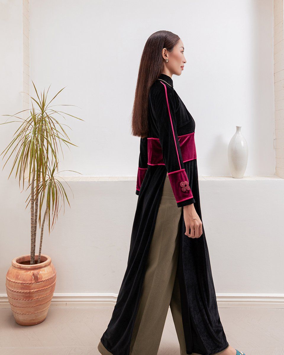 Áo Dài Nữ Nhung Đen Phối