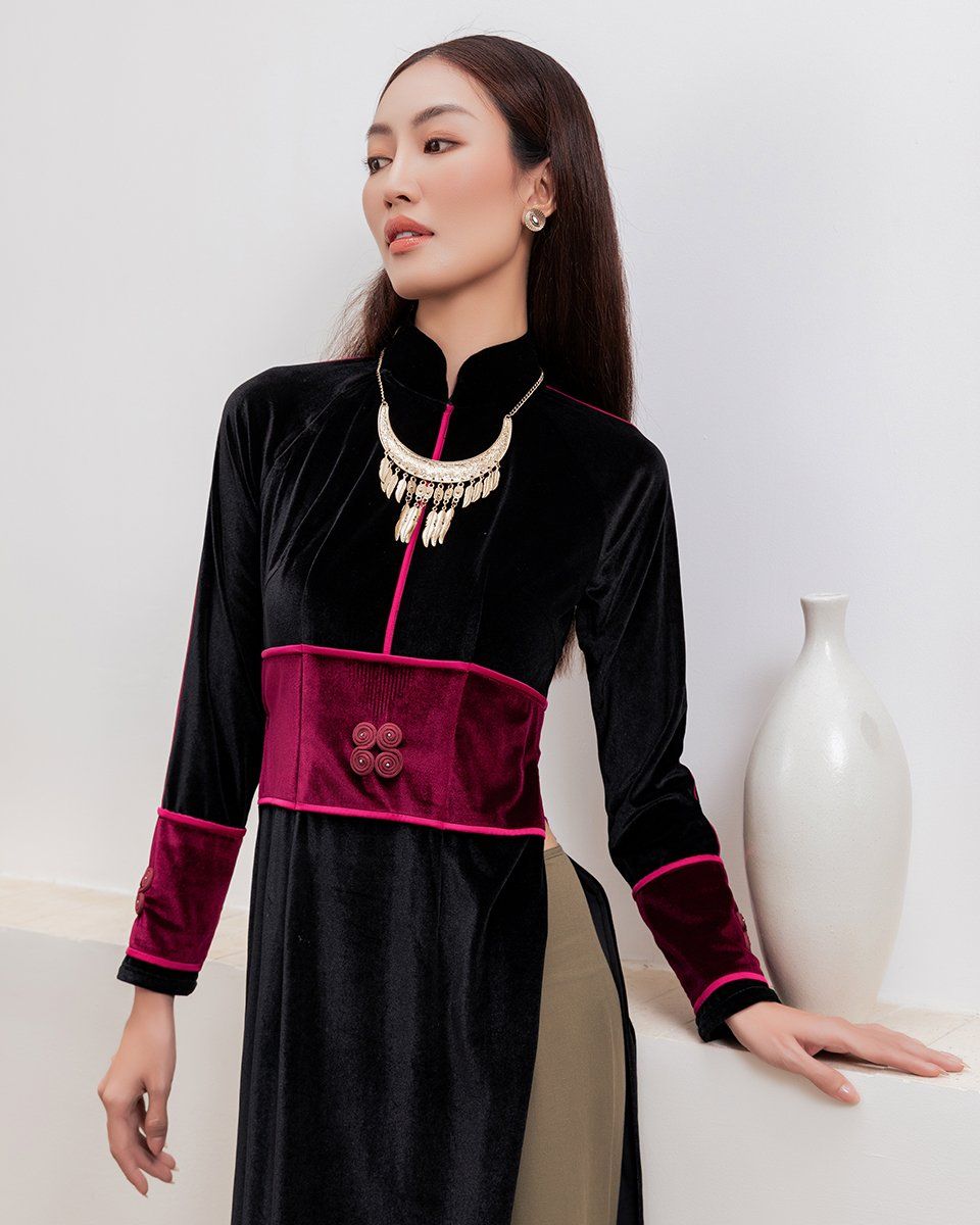 Áo Dài Nữ Nhung Đen Phối