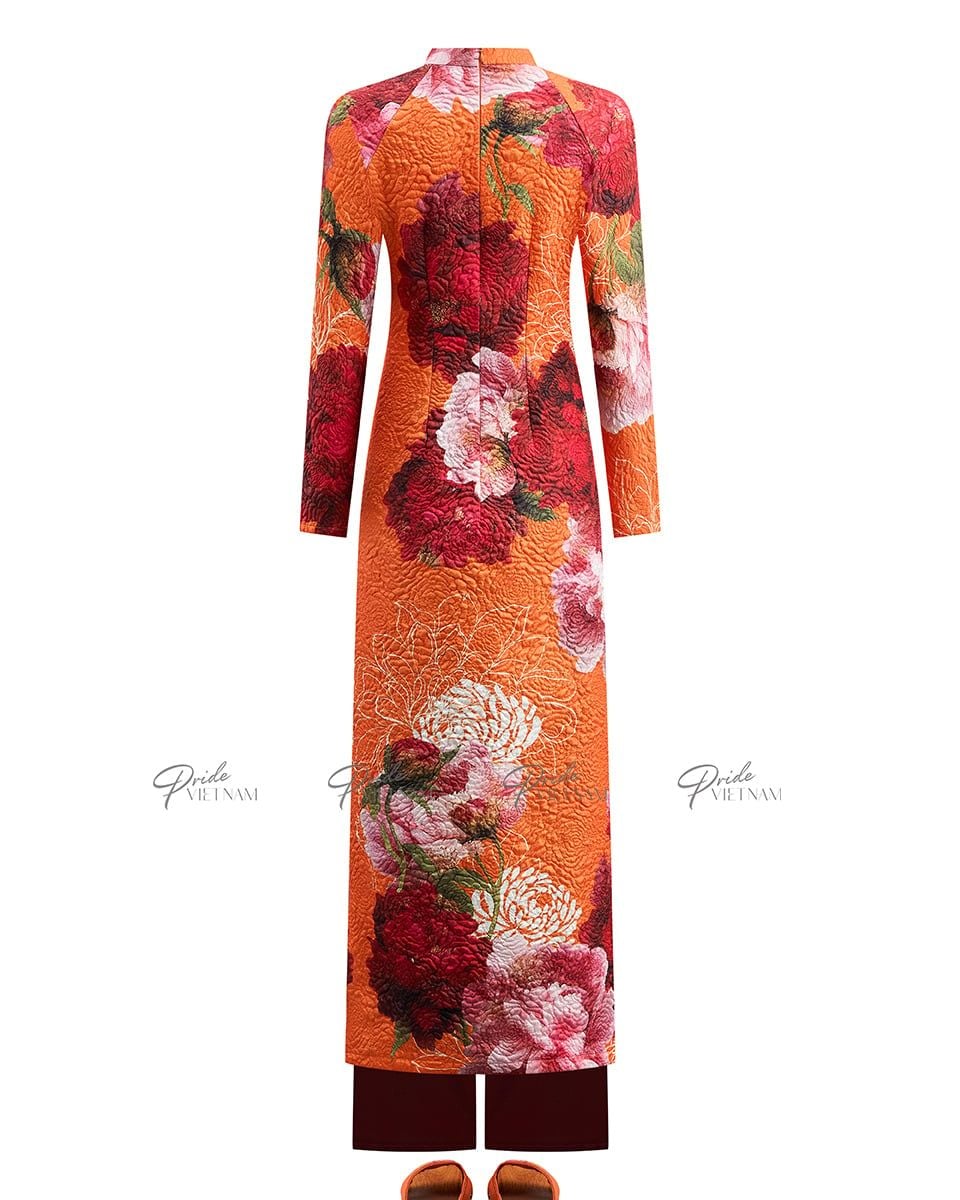 Áo Dài Gấm Nữ Cam Hoa Tím