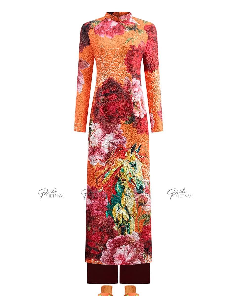 Áo Dài Gấm Nữ Cam Hoa Tím