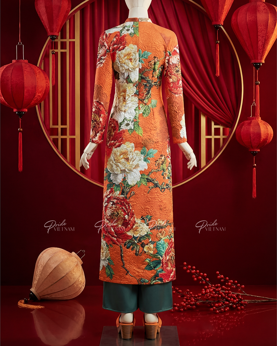 Áo Dài Gấm Nữ Cam Hoa Vàng