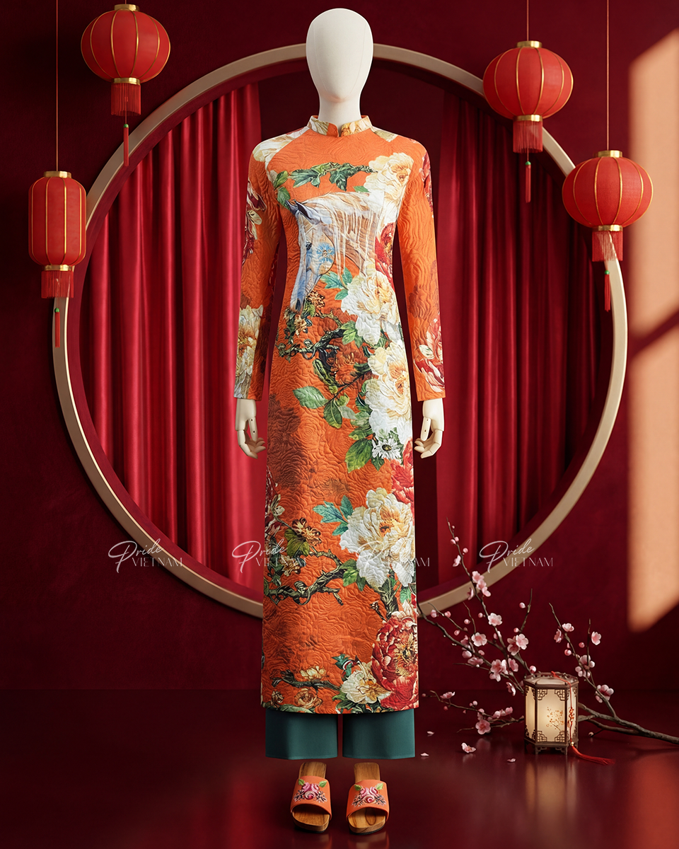 Áo Dài Gấm Nữ Cam Hoa Vàng